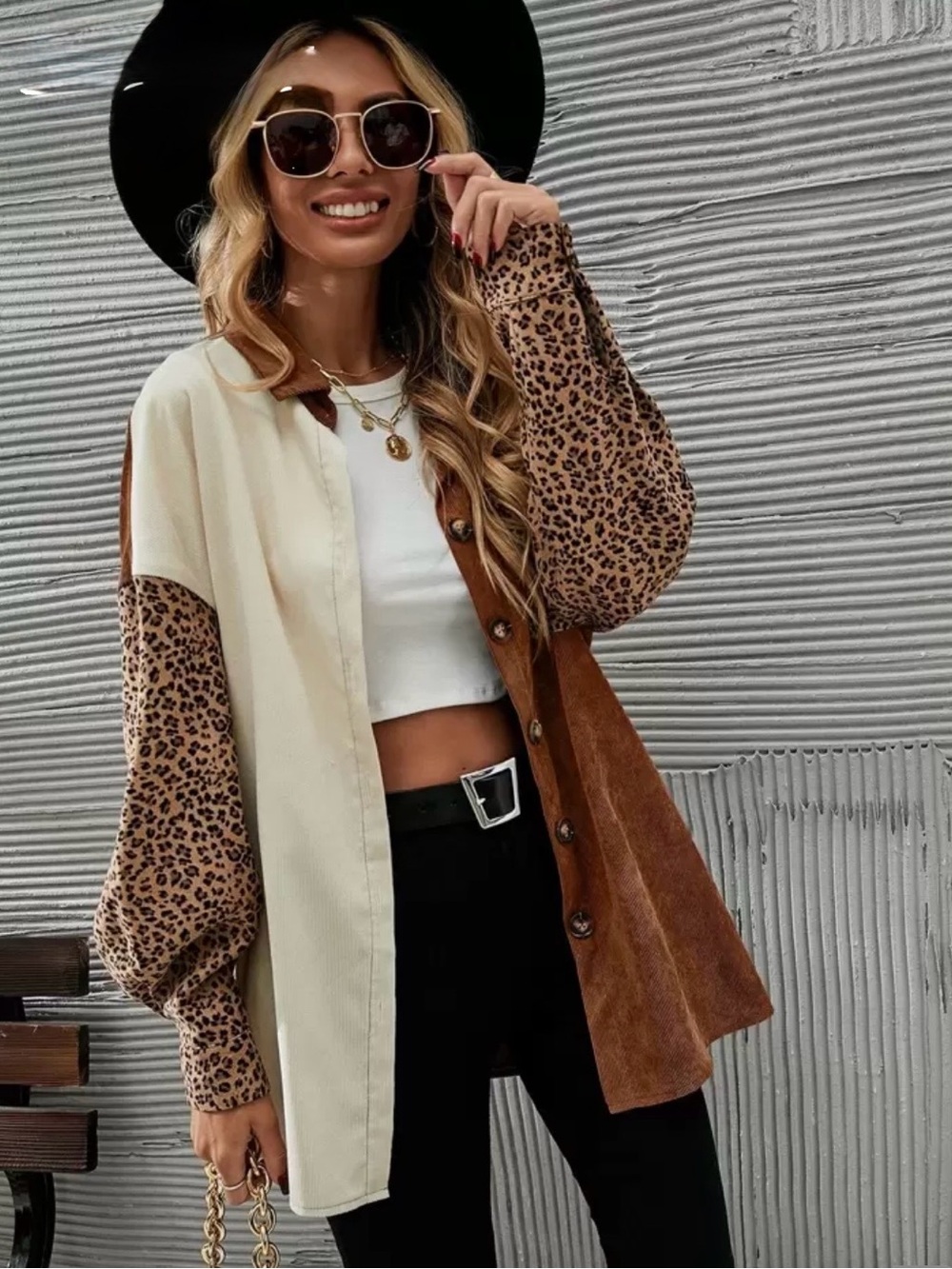 Colorblock Leopard Sleeve Button-Up Shirt Jacket